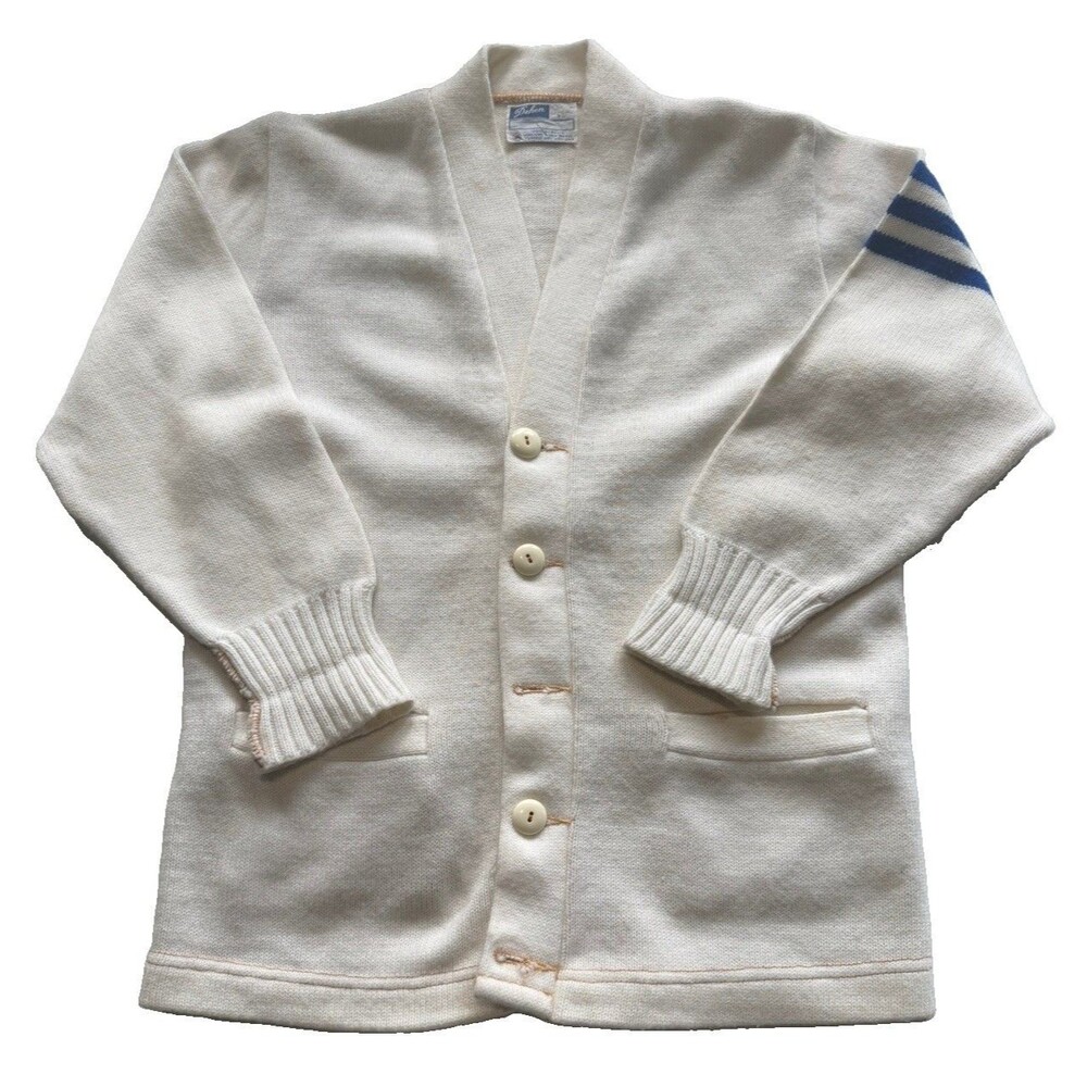 Dehen Cardigan Sweater White Blue Stripes 36 Small Vintage READ READ READ